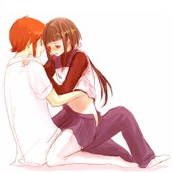 00s 1boy 1girl bad_id bad_pixiv_id blue_skirt blush full_body girl_on_top green_hair hajikero_(mimizu) hand_under_clothes hetero long_hair low_ponytail lowres my-hime nervous no_shoes okuzaki_akira orange_hair ponytail shirt short_hair sidelocks skirt thighhighs tokiha_takumi unzipped white_shirt white_thighhighs