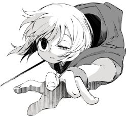 1girl cropped_torso cuffs foreshortening greyscale hatching_(texture) heterochromia highres holding holding_sword holding_weapon jumidoro linear_hatching monochrome parted_lips partially_blind ramune_(jumidoro) reaching reaching_towards_viewer shackles simple_background solo sukima_(crie) sword uneven_eyes weapon white_background