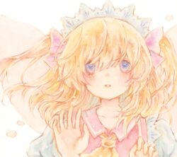 Rule 34 | 1girl, ascot, blonde hair, collarbone, commentary, fairy, fairy wings, headdress, lily k oekaki, long hair, looking at viewer, painting (medium), purple eyes, solo, sunny milk, touhou, traditional media, watercolor (medium), wings, yellow ascot