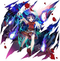 1girl black_ribbon blood blue_eyes breasts bright_pupils brown_shoes brown_skirt full_body game_cg hat hat_ornament highres jiangshi lace-trimmed_sleeves lace_trim looking_at_viewer medium_breasts medium_hair miyako_yoshika neck_ribbon newsboy_cap official_art ofuda open_mouth outstretched_arms purple_hair purple_hat red_shirt ribbon rotte_(1109) sharp_teeth shirt shoes short_sleeves skirt solo star_(symbol) star_hat_ornament teeth third-party_source touhou touhou_lostword transparent_background white_pupils zombie_pose