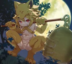 1girl animal_feet animal_hands anus bell blonde_hair blurry blurry_background blush bottomless breasts commentary_request commission dutch_angle fox_girl fox_hat full_body full_moon futanari grin hair_between_eyes halterneck heart highres holding holding_staff huge_moon looking_at_viewer moon moonlight_flower navel nezu_mickey night penis ragnarok_online red_eyes second-party_source short_hair skeb_commission small_breasts smile solo squatting staff tree uncensored yellow_moon