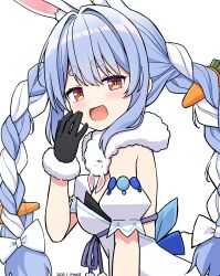 1girl :d absurdres animal_ear_fluff animal_ears black_gloves blue_hair blush bow braid breasts carrot_hair_ornament dated detached_sleeves don-chan_(usada_pekora) dress food-themed_hair_ornament from_side fur-trimmed_gloves fur_trim gloves hair_between_eyes hair_bow hair_intakes hair_ornament hand_to_own_mouth hand_up highres hololive kaie looking_at_viewer looking_to_the_side medium_breasts multicolored_hair open_mouth puffy_short_sleeves puffy_sleeves rabbit-shaped_pupils rabbit_ears red_eyes short_eyebrows short_sleeves signature simple_background smile solo strapless strapless_dress symbol-shaped_pupils thick_eyebrows twin_braids twintails two-tone_hair usada_pekora usada_pekora_(1st_costume) virtual_youtuber white_background white_bow white_dress white_hair white_sleeves