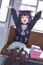 1girl absurdres animal_ears arms_up ascot black_choker black_hair black_hoodie black_pantyhose blue_archive blunt_bangs blush bob_cut box cat_choker cat_ears choker collarbone colored_inner_animal_ears colored_inner_hair commentary drawstring dutch_angle extra_ears fanshuimucishen feet_out_of_frame gift gift_box green_sailor_collar hair_ornament hairclip halo highres hood hoodie kazusa_(blue_archive) knees_together_feet_apart long_sleeves looking_at_viewer medium_hair multicolored_hair open_mouth pantyhose pink_ascot pink_eyes pink_hair pink_halo pleated_skirt sailor_collar school_uniform serafuku sidelocks sitting skirt solo stretching teeth train_interior trinity_general_school_logo two-tone_hair upper_teeth_only white_skirt yawning