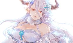 1girl breasts detached_sleeves draph female_focus flower fur_collar granblue_fantasy hair_flower hair_ornament horns izmir large_breasts mole mole_under_mouth pointy_ears red_eyes smile solo tears tetsuo_(watson) underboob white_background white_hair