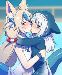 Rule 34 | 2girls, animal ear fluff, animal ears, animal hood, blonde hair, blue eyes, blue hoodie, blush, cat ears, deareditor, dress, fins, fish tail, gawr gura, gawr gura (1st costume), grey hair, highres, hololive, hololive english, hood, hoodie, hug, indie virtual youtuber, kiss, lifebuoy hair ornament, looking at viewer, low twintails, medium hair, multicolored hair, multiple girls, sameko saba, shark girl, shark hood, shark tail, sleeveless, sleeveless dress, streaked hair, tail, twintails, virtual youtuber, voice actor connection, white dress, yuri
