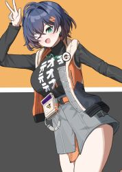 1girl belle_(zenless_zone_zero) black_shirt blue_hair breasts cowboy_shot crossed_bangs fahufahu green_eyes grey_skirt hair_ornament highres jacket large_breasts letter_hair_ornament long_sleeves one_eye_closed open_clothes open_jacket open_mouth pencil_skirt shirt short_hair skirt smile solo v zenless_zone_zero