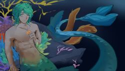 1boy abs coral_reef cove_holden curly_hair fins fish_tail green_eyes green_hair head_fins highres holding_seashell leaning_back looking_at_viewer male_focus medium_hair merman monster_boy no_shirt our_life our_life:_beginnings_and_always pectorals rock scales smile solo sparkling_eyes tail toned toned_male underwater very_long_tail yngsu