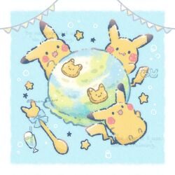 Rule 34 | black eyes, bubble, cup, drinking straw, food, gen 1 pokemon, highres, ice cream, nintendo, no humans, open mouth, pikachu, pokemon, pokemon (creature), ribbon, smile, spoon, star (symbol), temariame14