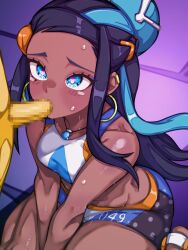bike_shorts black_hair blue_eyes blue_hair breasts clothed_sex dark-skinned_female dark_skin fellatio forehead gen_1_pokemon heart heart-shaped_pupils hypno hypnosis interspecies jewelry long_hair medium_breasts mimizunooka mind_control multicolored_hair necklace nessa_(pokemon) nintendo on_floor oral penis pokemon pokemon_sm pokephilia sandals sitting sports_bra straight_hair sweat symbol-shaped_pupils