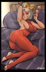 1girl absurdres arm_up armpits ass bodysuit breasts eyeshadow female_focus full_body glasses grey_hair highres huge_ass large_breasts looking_at_viewer lying makeup medium_hair nintendo on_side purah red_eyes sideboob solo stirrup_legwear the_legend_of_zelda the_legend_of_zelda:_tears_of_the_kingdom toeless_legwear toes updo videajames