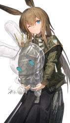 1girl absurdres amiya_(arknights) animal_ears arknights blue_eyes brown_hair closed_mouth commentary cowboy_shot english_commentary green_jacket hair_between_eyes highres holding jacket light_smile long_hair long_sleeves looking_up one_eye_closed saraph_se_la simple_background solo split_mouth standing transparent white_background