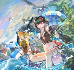 Rule 34 | 3girls, abby (wuthering waves), absurdres, alternate costume, bare shoulders, bikini, black bikini, black bow, black gloves, black hair, black one-piece swimsuit, blonde hair, bow, breasts, carlotta (splashing summer) (wuthering waves), carlotta (wuthering waves), chinese commentary, commentary request, crown of thorns, cup, dragon, dragon of dirge (wuthering waves), drinking glass, earrings, eyewear on head, female rover (wuthering waves), fleurdelys (wuthering waves), gloves, hair bow, hand up, highres, holding, holding cup, horns, huge breasts, innertube, jewelry, jin sumire, long hair, long horns, looking at viewer, multiple girls, navel, official alternate costume, one-piece swimsuit, one eye closed, open mouth, outdoors, rover (wuthering waves), single horn, sitting, small breasts, smile, stomach, sunglasses, swim ring, swimsuit, tacet mark (wuthering waves), thigh strap, thighs, very long hair, wuthering waves, yellow horns