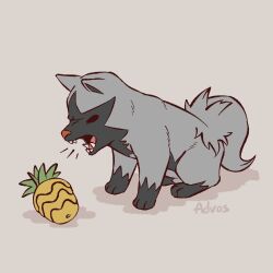 advos animal_focus barking berry_(pokemon) black_eyes gen_3_pokemon nintendo no_humans open_mouth pinap_berry pokemon pokemon_(creature) poochyena shadow signature sitting