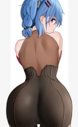 1girl absurdres ass blue_hair braid colphne_(girls&#039;_frontline_2) colphne_(silent_heart)_(girls&#039;_frontline_2) commentary_request from_behind girls&#039;_frontline girls&#039;_frontline_2:_exilium highres kotoha_(kotoha65) looking_back red_eyes short_braid simple_background solo twin_braids white_background