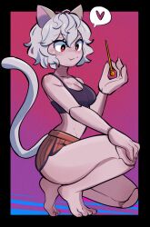 1girl amazu_(kurozu) animal_ears bare_legs barefoot black_sports_bra breasts cat_ears cat_girl cat_tail cleavage curly_hair doll_joints fang fingernails genderswap genderswap_(otf) grey_hair heart highres holding holding_needle hunter_x_hunter joints large_breasts needle neferpitou red_eyes ribbed_shorts sharp_fingernails solo spoken_heart sports_bra squatting tail