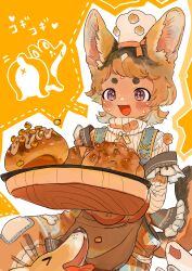 1boy absurdres animal animal_ears apron baking bread brown_apron brown_eyes brown_hair brown_overalls chef_hat commentary_request dog dog_boy dog_ears dog_tail food freckles hands_up hat highres holding holding_tray long_sleeves male_focus open_mouth orange_background original overalls shima_(wansyon144) short_hair solo standing sweater tail translation_request tray turtleneck turtleneck_sweater upper_body welsh_corgi