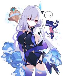Rule 34 | ..., 1girl, bare shoulders, breasts, commentary request, elbow gloves, genshin impact, gentilhomme usher, gloves, gradient gloves, gradient thighhighs, hair between eyes, hair over shoulder, hand on own chest, highres, itzpapa (genshin impact), long hair, mademoiselle crabaletta, pekeko (pepekekeko), skirk (genshin impact), speech bubble, spoken ellipsis, surintendante chevalmarin, thighhighs, torn clothes, torn thighhighs, white background, white hair