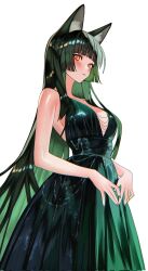 1girl alternate_costume animal_ear_fluff animal_ears arched_bangs bare_shoulders black_hair blush breasts colored_inner_hair commentary dress english_commentary fingernails fox_ears from_side green_dress green_hair highres hoshimi_miyabi large_breasts long_hair looking_at_viewer looking_to_the_side multicolored_hair red_eyes sanya_(sanya_lox228) simple_background sleeveless sleeveless_dress solo very_long_hair white_background zenless_zone_zero