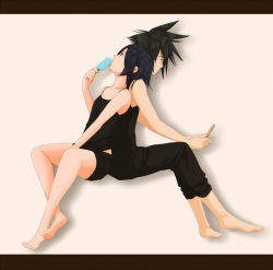 1boy 1girl black_hair boyshorts food full_body ice_cream kingdom_hearts licking short_hair short_shorts shorts sitting vanitas_(kingdom_hearts) xion_(kingdom_hearts)