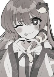 1girl :p bare_shoulders blush_stickers collared_shirt detached_sleeves dot_nose facing_viewer frog_hair_ornament hair_ornament hair_tubes heart heart_hands highres katayama_kei kochiya_sanae long_hair looking_at_viewer monochrome one_eye_closed patterned_clothing shirt simple_background single_hair_tube single_sidelock sleeveless sleeveless_shirt snake_hair_ornament solo star-shaped_pupils star_(symbol) symbol-shaped_pupils tongue tongue_out touhou upper_body white_background