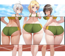 3girls ahoge ass back black_hair blonde_hair blue_eyes blue_sky blush breasts brown_eyes buruma cloud commentary_request day green_buruma green_sports_bra grey_hair knees large_breasts looking_at_viewer midriff multiple_girls multiple_views nakamura_yukitoshi original outdoors ponytail running_track short_hair sky sports_bra standing thick_thighs thighs variant_set