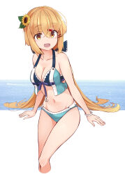 Rule 34 | 1girl, alternate costume, bikini, blue bikini, blue bow, bow, breasts, brown eyes, brown hair, cleavage, cowboy shot, cropped legs, feet out of frame, flower, frilled bikini, frills, hair flower, hair ornament, highres, kantai collection, long hair, low twintails, medium breasts, minosu, navel, sitting, solo, standing, sunflower, swimsuit, tashkent (kancolle), twintails