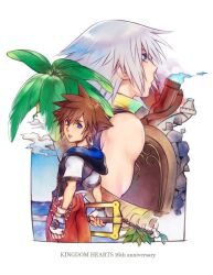 2boys blue_eyes brown_hair closed_mouth cloud commentary_request gloves green_eyes grey_hair hair_between_eyes hood hood_down hoodie kingdom_hearts looking_at_viewer male_focus mim_(mimya0600) multiple_boys palm_tree pants parted_lips popped_collar red_pants riku_(kingdom_hearts) short_hair short_sleeves single_bare_shoulder sleeveless sleeveless_hoodie sora_(kingdom_hearts) spiked_hair tree white_gloves