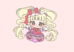 Rule 34 | 1girl, :3, absurdly long hair, aisaki emiru, bag bow, blonde hair, blue hat, blunt bangs, boots, bow, bowtie, chibi, closed mouth, cure macherie, diamond brooch, dot nose, dress, drill hair, earrings, frilled dress, frilled footwear, frilled headwear, frilled sleeves, frills, fur hat, gloves, happy, hat, hat bow, heart-shaped bag, hugtto! precure, ichigo usuhana, jewelry, knee boots, light blush, long hair, looking at viewer, magical girl, makeup, mascara, medium dress, mini hat, outstretched arms, pantyhose, pink background, pink bow, pink pantyhose, pom pom (clothes), pom pom earrings, precure, puffy short sleeves, puffy sleeves, purple bow, red boots, red bow, red bowtie, red dress, red eyes, short sleeves, simple background, smile, solo, tareme, train (clothing), twin drills, twintails, very long hair, waist bag, waist bow, white bag, white gloves, wrist bow, yellow brooch