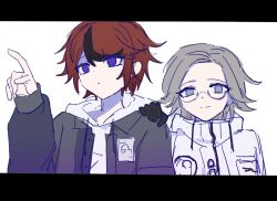 2boys aotsuki_eito black_border black_hair blue_eyes border closed_mouth eyebrows eyelashes glasses grey_hair hand_on_another&#039;s_shoulder hand_up highres hood hoodie messy_hair multicolored_eyes multicolored_hair multiple_boys red_eyes red_hair simple_background smile sumino_takumi the_hundred_line_-last_defense_academy- upper_body white_background