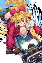 1girl blonde_hair blue_eyes blue_shorts blush bow breasts cleavage crop_top cropped_shirt denim denim_shorts earrings fingerless_gloves gloves hair_bow highres jacket jewelry large_breasts long_hair mario_(series) mario_kart mario_kart_world motor_vehicle motorcycle nintendo on_motorcycle open_clothes open_jacket open_mouth pink_bow pink_jacket ponytail princess_peach princess_peach_(touring) rally_bike_(mario_kart_world) shimure_(460) shirt short_shorts shorts smile solo sphere_earrings teeth