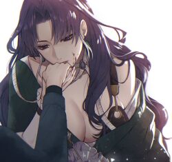 1girl 1other ambiguous_gender angon623 apron blood blood_on_face blood_on_hands breasts chief_(path_to_nowhere) cleavage curtained_hair earrings flower garofano_(path_to_nowhere) gem green_gemstone green_shawl hair_behind_ear hair_ornament hair_over_shoulder hairpin holding_hands jewelry kiss kissing_hand large_breasts leather_apron light_particles long_hair parted_lips path_to_nowhere purple_flower purple_hair red_eyes shirt simple_background single_bare_shoulder single_off_shoulder unbuttoned unbuttoned_shirt white_background white_shirt