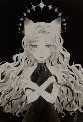 1girl absurdres animal_ears black_cat black_dress black_nails black_ribbon cat cat_ears cat_girl diamond_(shape) dress fingernails floating_headgear greyscale halo headgear highres long_fingernails long_hair makeup mmo_07 monochrome original painting_(medium) parted_bangs ribbon simple_background slit_pupils solo traditional_media watercolor_(medium) white_hair