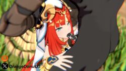 1boy 1girl 3d all_fours animated ass bare_shoulders black_skin blue_eyes bottomless colored_skin crop_top cum cum_in_mouth cum_in_pussy detached_sleeves doggystyle ejaculation fellatio fingernails genshin_impact grass hands_on_another&#039;s_head headdress hetero hilichurl_(genshin_impact) interspecies irrumatio long_hair moaning multiple_views nilou_(genshin_impact) nsfw_sonia_va oral orangedonut33 outdoors patreon_logo penis pussy red_hair sex sex_from_behind sound standing tagme top-down_bottom-up twitter_username uncensored vaginal video