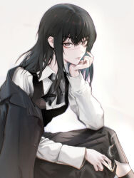 1girl absurdres black_coat black_dress black_hair brown_eyes chainsaw_man cigarette coat dress fourth_east_high_school_uniform hand_on_own_chin highres holding holding_cigarette ivdimension long_hair long_sleeves looking_at_viewer pinafore_dress scar scar_on_face scar_on_nose school_uniform shirt sleeveless sleeveless_dress smoke solo white_background white_shirt