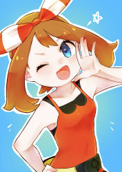 Rule 34 | 1girl, ;d, absurdres, blue background, blue eyes, bow, bow hairband, hair bow, hairband, hand on own hip, highres, looking at viewer, may (pokemon), meta-g (curc8737), nintendo, one eye closed, open mouth, outline, pokemon, pokemon oras, red bow, red hairband, red shirt, shirt, short hair, sleeveless, sleeveless shirt, smile, solo, upper body, white outline