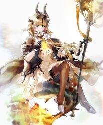 1girl absurdres ahoge aqua_eyes arknights arknights_yuu12 black_gloves black_jacket blonde_hair bodystocking brown_horns brown_tail cropped_jacket dragon_horns dress fire flame-tipped_tail floral_print flower full_body gloves grey_shoes hair_ornament highres holding holding_flower holding_staff horns invisible_chair jacket knees_together_feet_apart light_blush light_smile long_hair long_sidelocks looking_at_viewer off_shoulder open_clothes open_jacket reed_(arknights) reed_the_flame_shadow_(arknights) shoes sidelocks sitting sleeveless sleeveless_dress solo staff tail thigh_strap white_dress white_flower