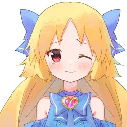 1girl blonde_hair blue_bow blue_bowtie blue_shirt blush bow bowtie buttons closed_mouth clothing_cutout degarashi_mana dot_nose hair_bow heart highres long_hair magia_record:_mahou_shoujo_madoka_magica_gaiden mahou_shoujo_madoka_magica one_eye_closed parted_bangs pink_gemstone pink_heart portrait red_eyes ruru_(rurumagi) sad shirt shoulder_cutout sidelocks simple_background solo straight-on tears virtual_youtuber wavy_mouth white_background