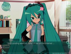 1girl 3d :d anger_vein aqua_eyes aqua_hair aqua_nails aqua_necktie black_boots black_hairband black_skirt blush boots cowboy_shot detached_sleeves english_text grey_shirt grimace hair_ornament hairband hairclip hand_on_own_hip hatsune_miku highres indoors kio_(majin_kz) long_hair looking_at_viewer miniskirt necktie open_mouth pleated_skirt shirt simple_background skirt sleeveless sleeveless_shirt smile solo twintails user_interface very_long_hair visual_novel vocaloid