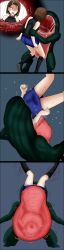1girl absurdres boots breasts brown_hair capcom creature frog highres hunter_gamma jill_valentine kicking legs medium_breasts resident_evil ryona skindentation skirt struggling sweat upside-down vore