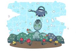 Rule 34 | bright pupils, colored skin, commentary request, elgyem, flower, gen 5 pokemon, green eyes, green skin, highres, looking at viewer, nintendo, no humans, oemmtoru, pokemon, pokemon (creature), puzzle, red flower, rose, telekinesis, water, watering can, white pupils, yellow flower