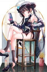 1girl absurdres aiu_. bare_shoulders black_coat black_dress black_gloves black_hair black_shoes black_socks blue_archive braid braided_bun breasts butterfly_hair_ornament china_dress chinese_clothes closed_mouth coat cup double_bun dragon_print dress drinking_glass earrings feet full_body gloves grey_eyes grey_halo hair_between_eyes hair_bun hair_ornament halo highres holding holding_cup huge_filesize jewelry kisaki_(blue_archive) loli long_hair long_sleeves looking_at_viewer off_shoulder print_dress revision shoes single_bare_shoulder sitting small_breasts socks solo stirrup_legwear thigh_strap thighs toeless_legwear toes twintails very_long_hair wine_glass