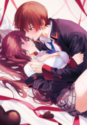 Rule 34 | 1boy, 1girl, a-chan (little busters!), absurdres, bed sheet, black jacket, blue eyes, blue necktie, blurry, blush, boy on top, breasts, brown eyes, brown hair, candy, chocolate, chocolate heart, cleavage, clothes grab, collared shirt, commentary request, couple, cowboy shot, depth of field, dutch angle, eye contact, eyelashes, fingernails, food, grey skirt, hair spread out, heart, heart-shaped food, hetero, highres, jacket, large breasts, lips, little busters!, little busters! school uniform, long hair, long ribbon, long sleeves, looking at another, lying, miiizuno lbs, miniskirt, natsume kyousuke, necktie, on back, parted lips, partially unbuttoned, plaid clothes, plaid skirt, red ribbon, ribbon, school uniform, shirt, short hair, simple background, skirt, sleeve grab, three quarter view, valentine, very long hair, white background, white shirt