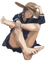1girl feet hat houkago_teibou_nisshi ikuhana_niiro kuroiwa_yuuki straw_hat tagme