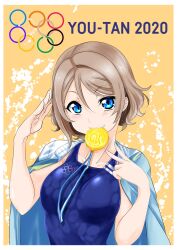 1girl blue_eyes blush breasts brown_hair highres jacket jewelry kurogane_yamato looking_at_viewer love_live! love_live!_sunshine!! medal necklace one-piece_swimsuit open_clothes open_jacket salute swimsuit v watanabe_you