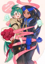 Rule 34 | 2girls, ;d, ahoge, black gloves, black hair, black jacket, black necktie, black pants, blue eyes, blue gloves, blush, bound together, brown shirt, ear piercing, eye contact, feet out of frame, geeta (pokemon), gloves, green hair, happy valentine, highres, holding, jacket, long hair, looking at another, low ponytail, multiple girls, nanaasuzy, necktie, nintendo, one eye closed, open mouth, pants, piercing, pink ribbon, pokemon, pokemon sv, ponytail, poppy (pokemon), red eyes, restrained, ribbon, rika (pokemon), shirt, smile, sweatdrop, yellow background, yuri