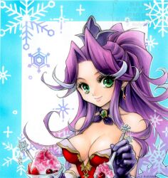 Rule 34 | 1girl, angela (seiken densetsu 3), bare shoulders, blue border, border, breasts, cleavage, closed mouth, cross tie, dessert, earrings, food, gem, gloves, green eyes, green gemstone, hat, highres, holding, holding spoon, hori wo, jewelry, leotard, long hair, looking at viewer, medium breasts, mini hat, parted bangs, ponytail, purple gloves, purple hair, purple hat, red leotard, seiken densetsu, seiken densetsu 3, shaved ice, sidelocks, smile, snowflakes, solo, spoon, strapless, strapless leotard, twitter username, upper body, white background