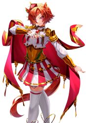 1girl amekudaki animal_ears cape commentary crown ear_piercing epaulettes feet_out_of_frame fingerless_gloves gloves highres horse_ears horse_girl horse_tail light_smile long_sleeves looking_at_viewer mini_crown orange_hair piercing pink_eyes red_cape red_skirt short_hair simple_background single_fingerless_glove skirt solo standing t.m._opera_o_(umamusume) tail thighhighs two-tone_skirt umamusume white_background white_skirt white_thighhighs