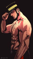 1boy abs adjusting_clothes adjusting_headwear arm_hair bara beard black_background black_hat black_pants chest_hair closed_mouth facial_hair golden_kamuy hat large_pectorals long_sideburns male_focus nipples nopinzo pants pectorals sideburns solo tanigaki_genjirou topless_male upper_body