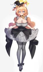 1girl absurdres alternate_breast_size animal_ear_fluff animal_ears black_hairband black_hat black_headband black_overskirt blue_archive blue_eyes blush breasts cat_ears choker cleavage closed_mouth collarbone commentary commission dress english_commentary flower fluffy_hair frilled_choker frills full_body grey_dress grey_feathers hairband halo hat headband highres huge_breasts idol idol_clothes long_hair looking_at_viewer mari_(blue_archive) mari_(idol)_(blue_archive) mini_hat mini_top_hat official_alternate_costume orange_hair pixiv_commission rose shio05_(05_sio) simple_background skirt_hold smile solo top_hat yellow_flower yellow_halo yellow_rose
