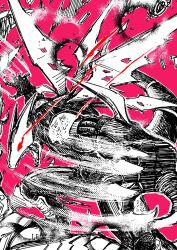 Rule 34 | claws, cyberdramon, digimon, digimon (creature), dragon, eikenkobayashi, eye trail, glowing, glowing eyes, greyscale with colored background, highres, light trail, motion lines, open mouth, pink background, red eyes, sharp teeth, simple background, spot color, teeth, torn wings, wings
